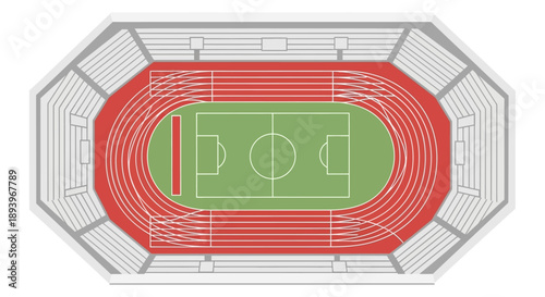 Top view of a large athletics stadium with running track and soccer football field inside