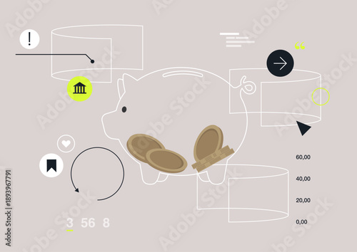 A creative design of a piggy bank sits amid graphic elements representing internet banking, Symbols reflect modern finance, technology, and user engagement in the digital economy.