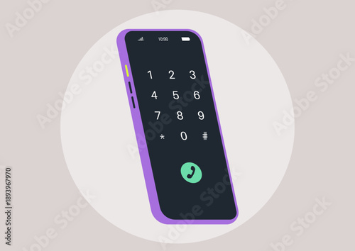 Displaying a smartphone at a stylish angle, the screen showcases vivid numbers with a distinct call button, inviting connection, The design emphasizes simplicity and functionality.
