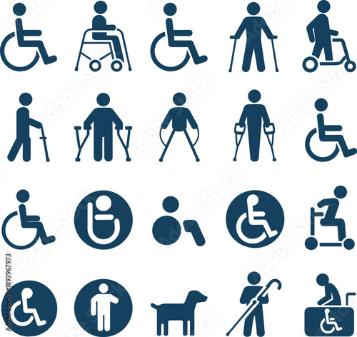 Disability accessibility icon set featuring wheelchair users, mobility aids, rehabilitation therapy symbols, inclusive design signage, handicap assistance equipment, patient support graphics