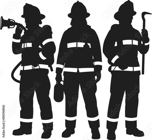 Firefighter silhouette illustration featuring emergency rescue team, protective uniform, fire helmet equipment, safety response professionals, bravery concept, disaster protection service