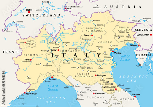 Northern Italy, political map of a region in the northern part of Italy. North Italy, highlighted in yellow, with borders, region capitals, largest cities, and the North Italian Lake District. Vector