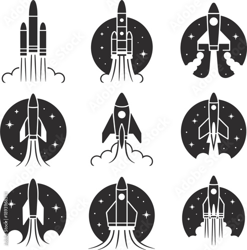 Rocket launch silhouette icon set featuring spacecraft takeoff, space exploration symbols, startup growth concept, galaxy stars background, futuristic technology, innovation branding
