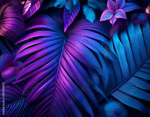 vibrant tropical leaves and flowers in purple and blue tones
