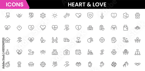 Heart, love, care, help, charity, and donation outline icons are set isolated on a white background in a flat vector illustration.