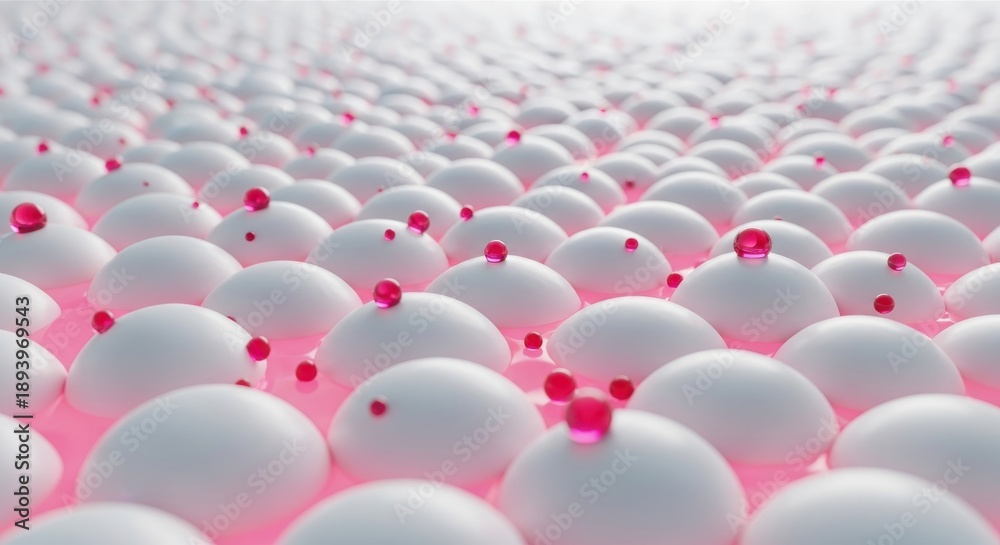 Obraz premium Numerous white dome shapes emerge from a glowing pink liquid, each topped with a small, reflective crimson bead