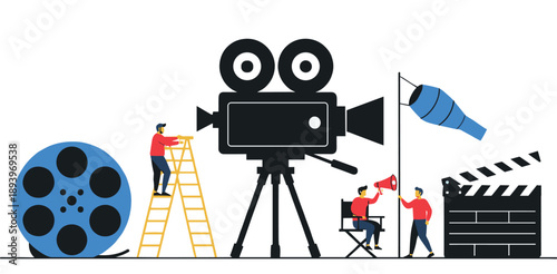 Film Production Illustration Showing Movie Camera, Crew Members, Lighting, and Filmmaking Equipment for Cinema, Video, and Media Industry Design