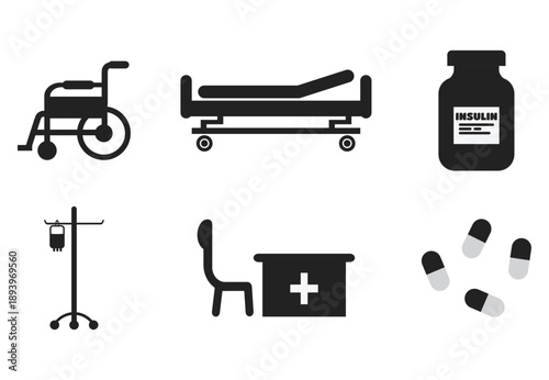 Bundle of isolated silhouette illustrations of hospital bed, capsule, insulin bottle, wheelchair, doctor's table and IV bag on stand for hospital equipment themed icon images.