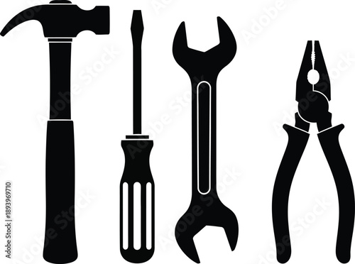 Silhouette of basic hand tools on white background
