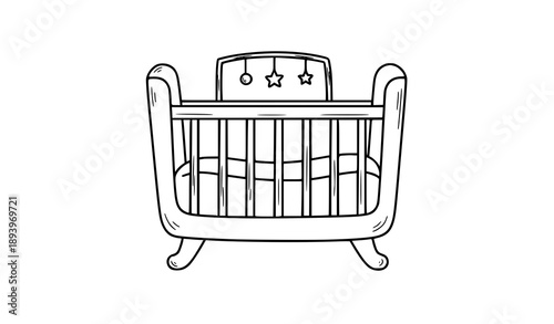 Playful doodle baby crib hand drawn outline with hanging mobile nursery vector illustration isolated on white