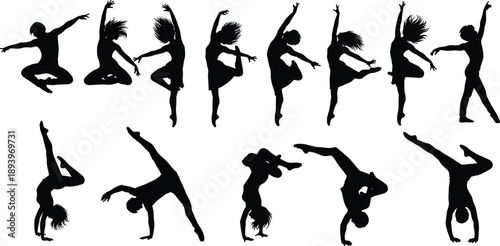  Dynamic dance silhouettes collection, jumping female and male dancers, modern ballet contemporary moves, acrobatic poses, black vector figures isolated white background