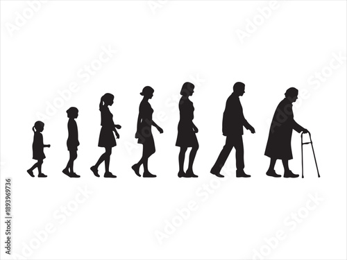 Human life stages silhouettes style, aging process from baby to senior, growth evolution timeline, people lifespan illustration vector Design