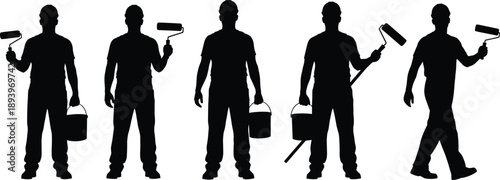 Painter worker silhouettes holding rollers and paint buckets isolated on white background for renovation, construction, and home improvement design