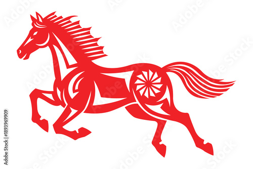 Stylized red horse running vector illustration. Tribal tattoo stallion silhouette galloping with geometric pattern power symbol.