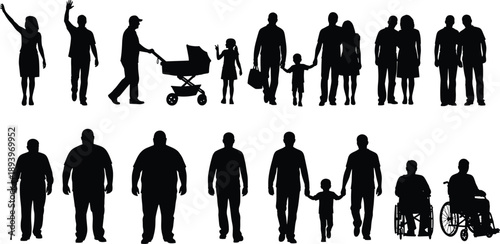  People silhouettes collection showing life stages, families walking together, parents children seniors diversity, daily activities concept, black vector illustration set