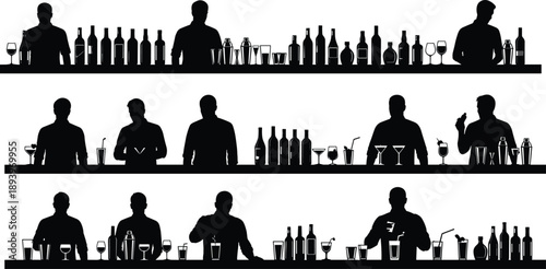 Bartender silhouettes behind bar counter, cocktail preparation and alcohol bottles display, nightlife bar service scene, black vector illustration, modern hospitality silhouettes behind bar counter
