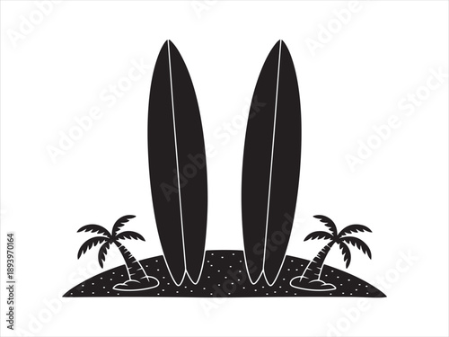Surfboards with palm trees silhouette, Silhouette of tropical beach scene with palm trees surfboard and wave vector illustration