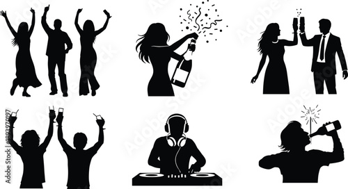 Party celebration silhouettes, dancing crowd and champagne toast, nightclub DJ music vibe, festive nightlife people icons, black vector illustration set