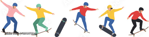 Skateboarding Trick Sequence Illustration Showing Skaters Performing Ollie and Jump Moves in Progressive Motion for Street Sports Design