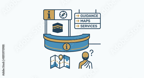 Pilgrim seeking guidance at information desk with map and Kaaba symbol