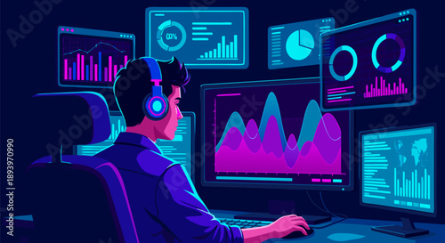 Data analysis vector illustration with a person monitoring charts and graphs on multiple screens