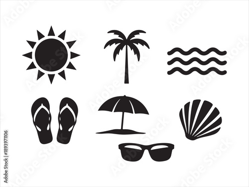 Hand-drawn set of tropical vacation elements, Summer set of web icons in line style. Summer vacation icons including a palm tree, umbrella, sunglasses, and flip-flops holiday concepts