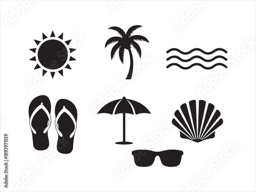 Hand-drawn set of tropical vacation elements, Summer set of web icons in line style. Summer vacation icons including a palm tree, umbrella, sunglasses, and flip-flops holiday concepts