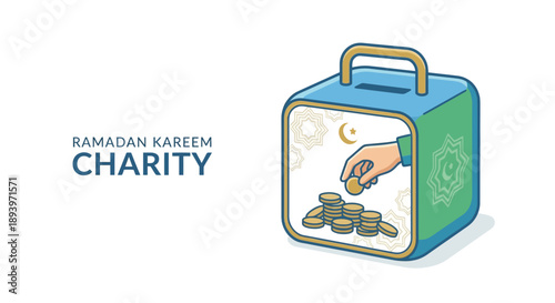 Ramadan Kareem charity box with hand putting coins
