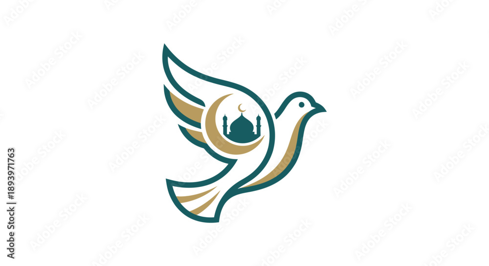 Naklejka premium Peaceful dove flying with mosque silhouette in modern design