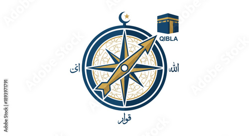 Islamic Qibla compass with Kaaba and Arabic calligraphy