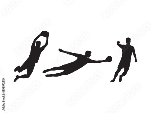 Silhouette of female soccer goalkeeper diving to catch ball in action pose, Black silhouettes of soccer players in different action poses, isolated vector illustration