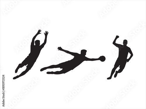 Silhouette of female soccer goalkeeper diving to catch ball in action pose, Black silhouettes of soccer players in different action poses, isolated vector illustration