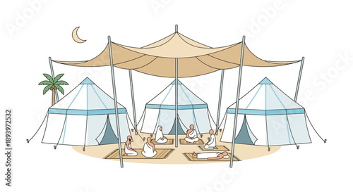People in traditional white robes relaxing in desert tents at night