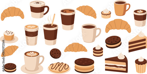 Coffee and dessert vector elements set. Cups of coffee, croissants, cakes and pastries. Flat illustration style for cafe menu, bakery design and food branding.