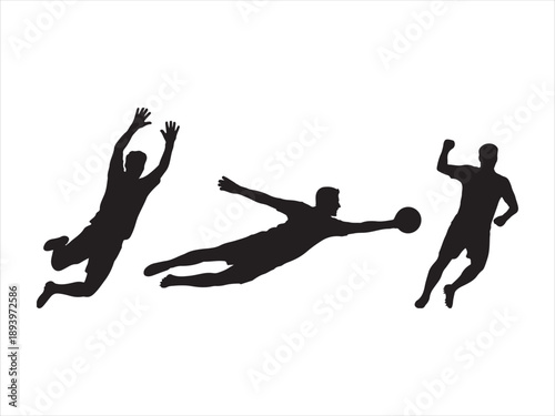 Silhouette of female soccer goalkeeper diving to catch ball in action pose, Black silhouettes of soccer players in different action poses, isolated vector illustration