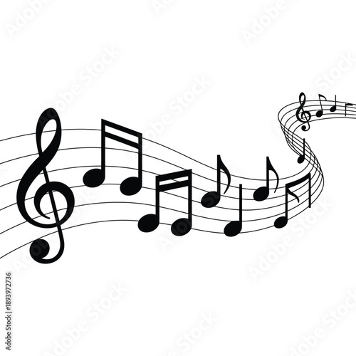 Musical notes and treble clef float along a curved dynamic staff