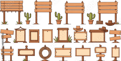 Wild west wooden signboard collection vector. Blank notice boards direction signs frames and posts with cactus and hats. Western panels for text, UI and game design.
