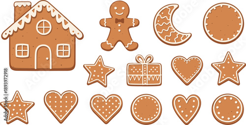 Classic gingerbread cookie icons vector set. Simple icing biscuits with house man stars hearts and moon. Minimal Christmas baking elements for festive design.