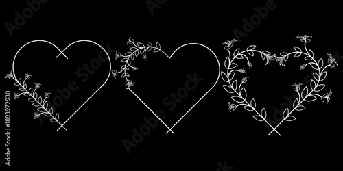 Floral Heart Wreath Frame on Black Background, perfect for romantic designs, wedding invitations, Valentine backgrounds, greeting cards, and love themed creative project