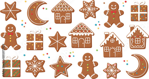 Decorated gingerbread cookies vector illustration. Icing cookies with stars moon houses gifts and smiling men. Cute Christmas baking elements for festive holiday design.