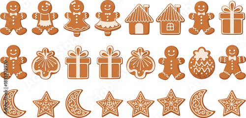 Christmas gingerbread cookie vector set. Cute holiday biscuits with people houses gifts stars and moon. Sweet winter bakery elements for festive design and cards.