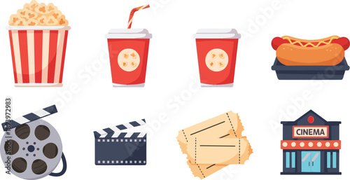 Cinema movie night vector illustration set. Popcorn soda hotdog film reel tickets and theater building. Flat entertainment icons for cinema posters, apps and media design.