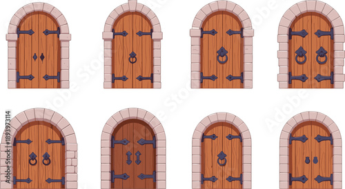 Medieval wooden door vector collection. Stone arch doors with iron hinges handles and locks. Clean flat fantasy architecture assets for games, maps and historical illustrations.