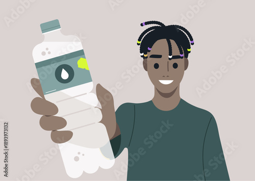 A young smiling character holds up a bottle of water, they encourage everyone to drink more water to stay hydrated and maintain optimal health during a sunny day