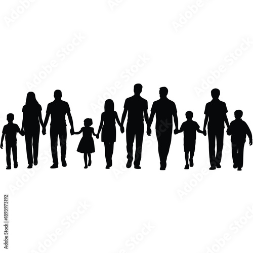 Silhouette of a large family holding hands in a connected line