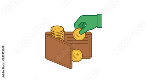 Hand putting coins into a brown leather wallet