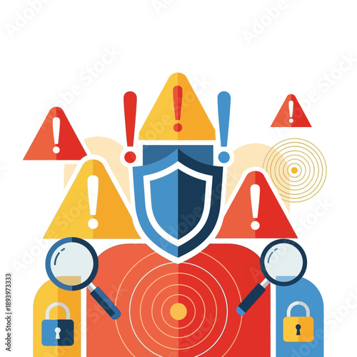 Shield with exclamation marks and locks.