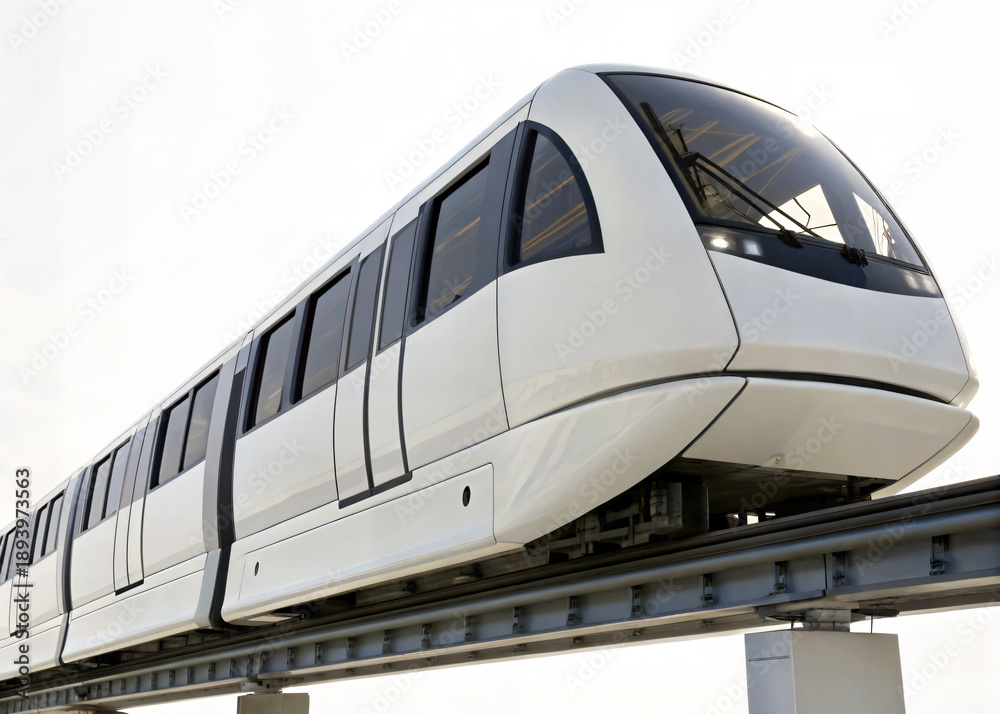 Fototapeta premium Modern white monorail train traveling on elevated track in urban transportation system