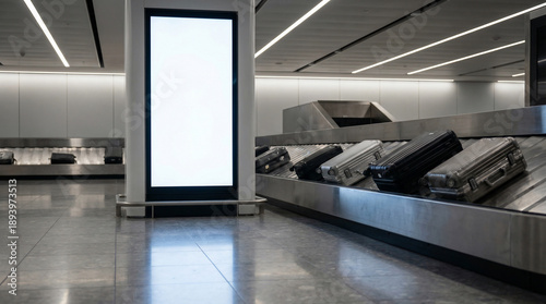 Blank Billboard Mockup at an Airport Baggage Claim Area, with Modern Suitcases Moving on a Conveyor Belt