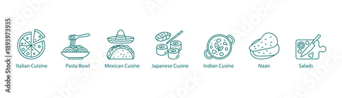 Horizontal Row of Minimalist Global Cuisine and Food Icons